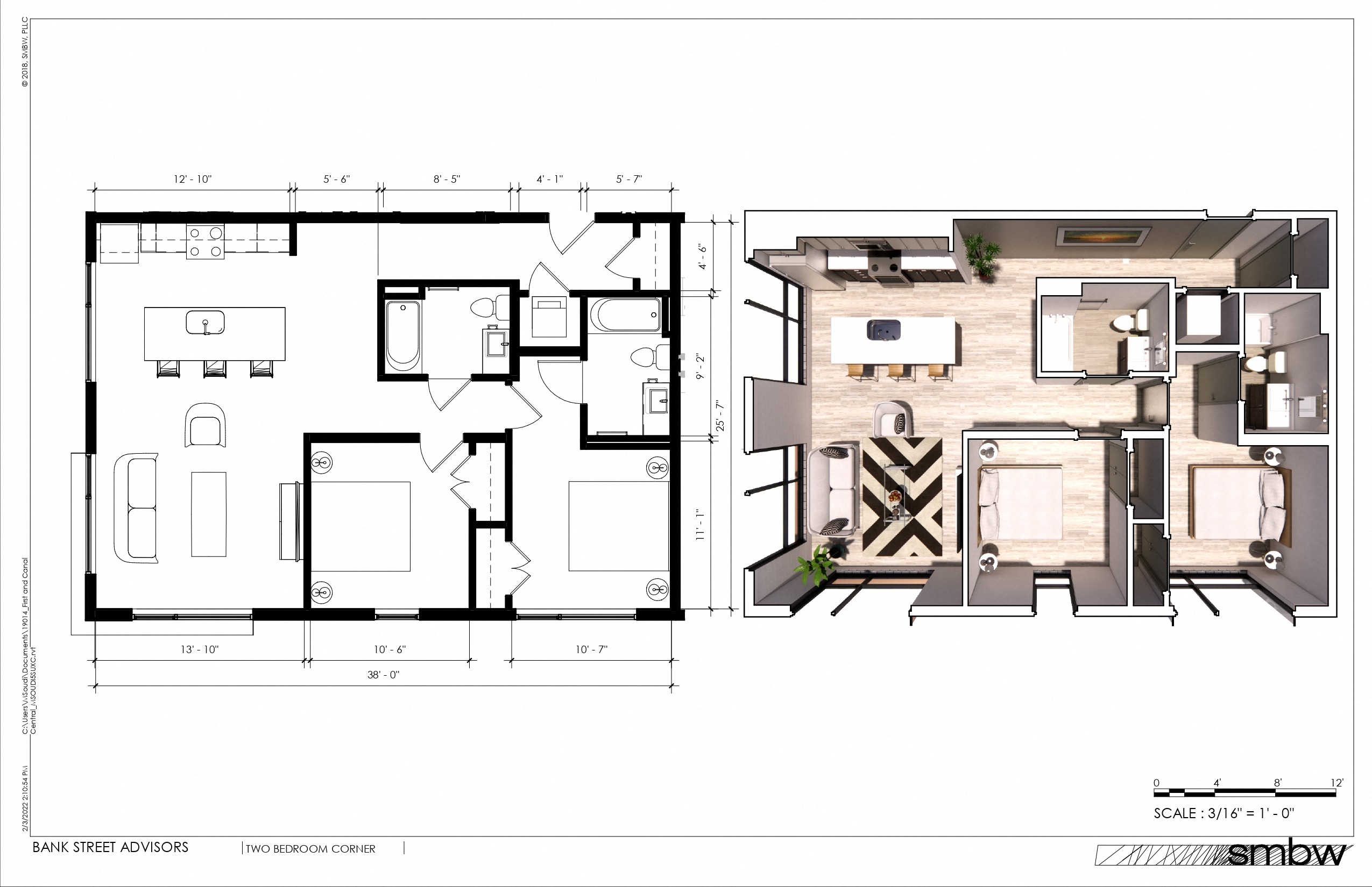 Floor plan for 2 beds, 2 baths, 1036 sqft